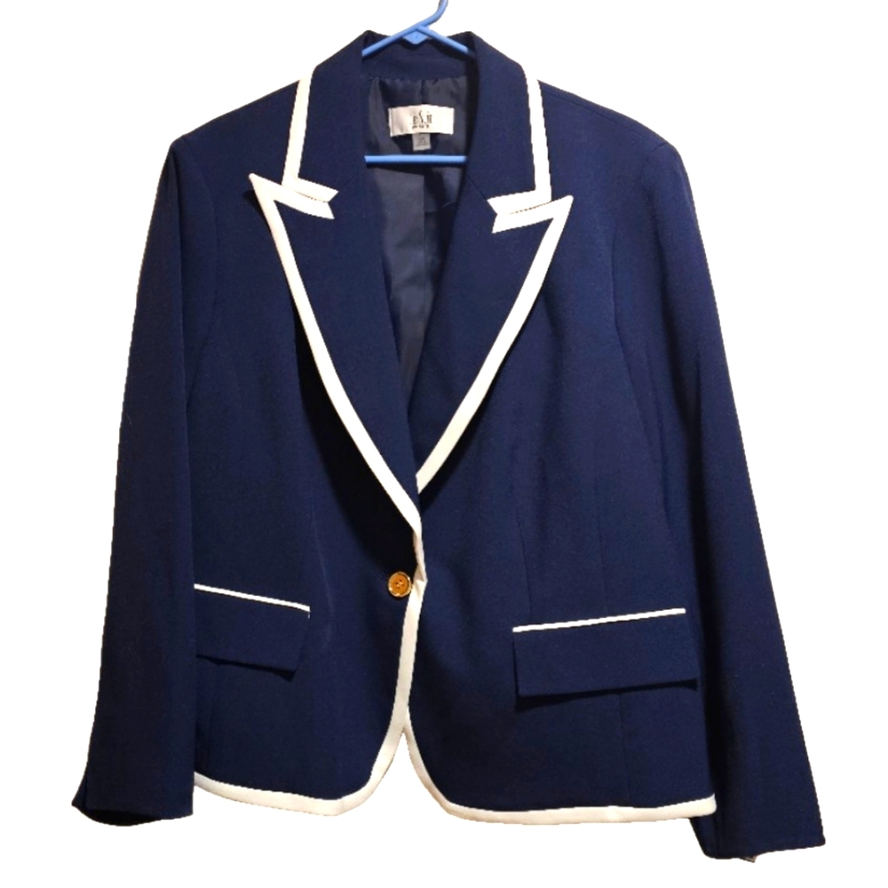 Le Suit Blazer Navy Blue with White trim 18W NWT